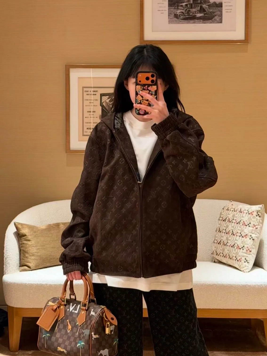 Louis Vuitton/embossed suede leather hooded jacket